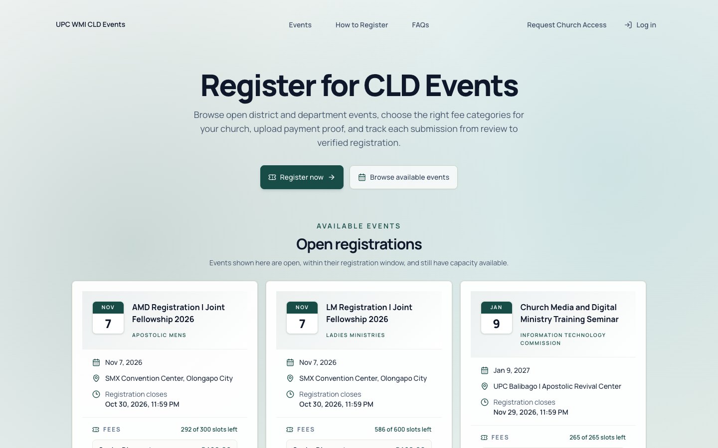 CLD Event Registration homepage showing open event registrations